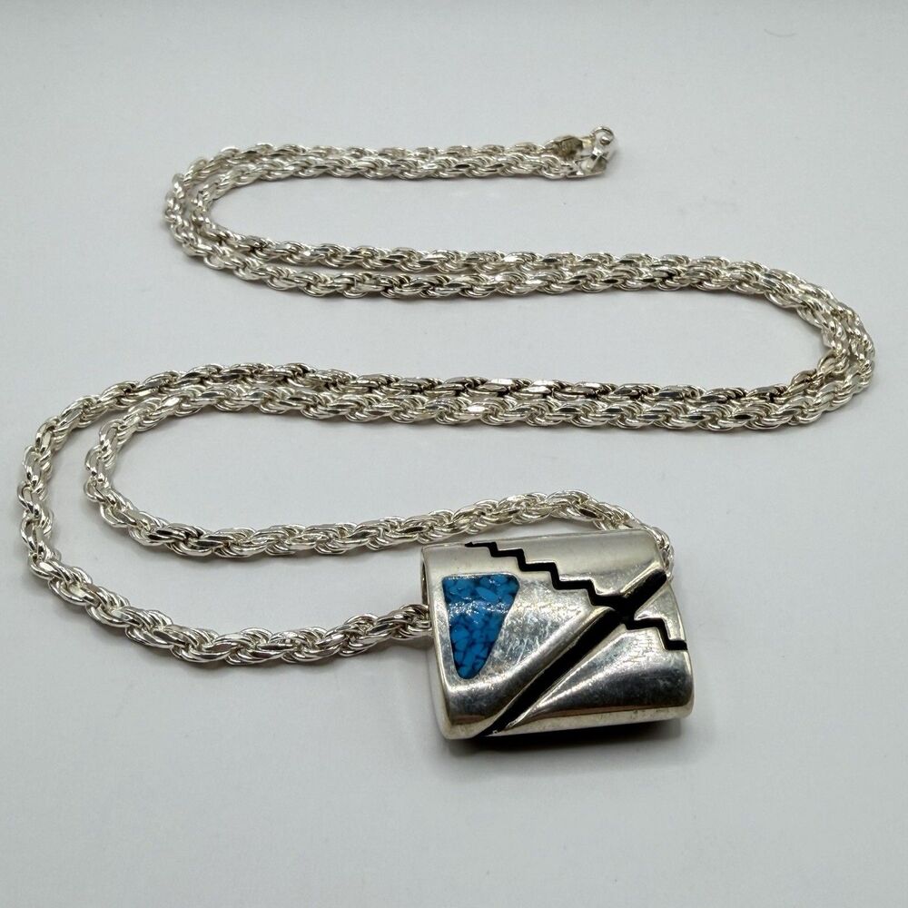 925 Sterling Silver Turquoise Inlay Southwestern Pendant Necklace 28" 38.6g